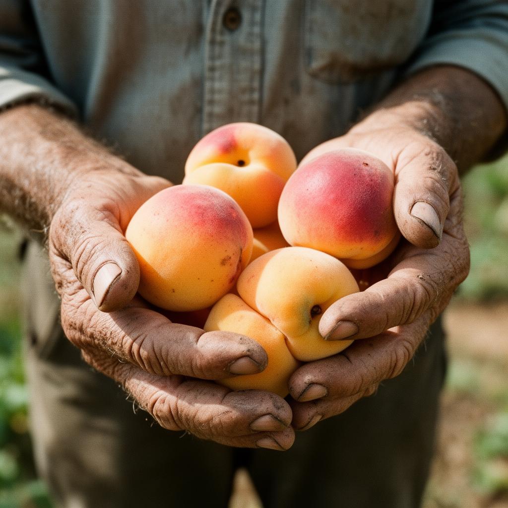 Weathered hands holding ripe apricots