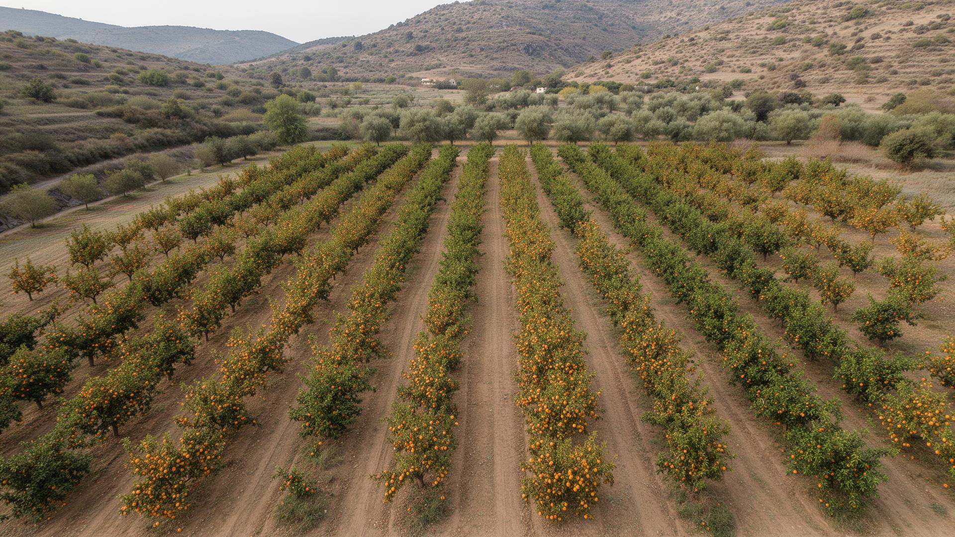 Aerial view of a small mixed fruit orchard