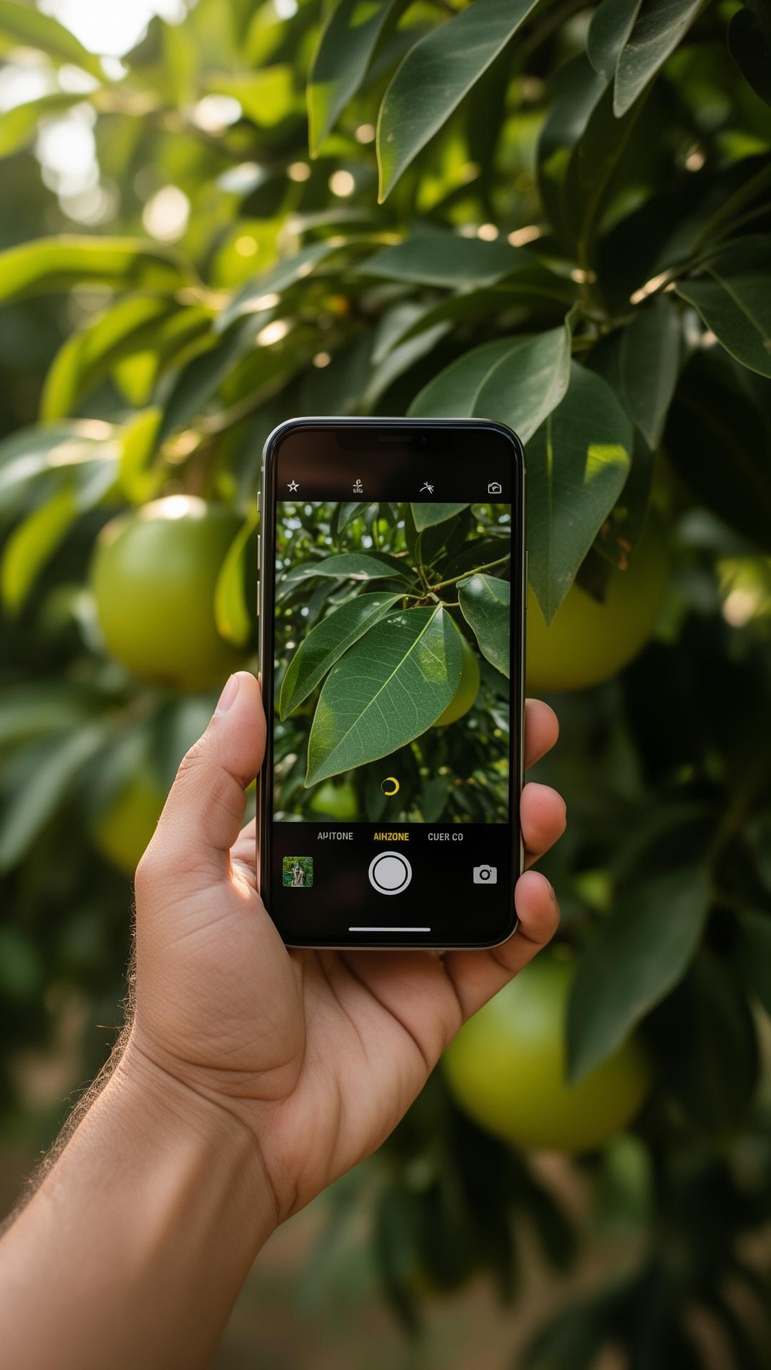 A phone photographing a tree leaf